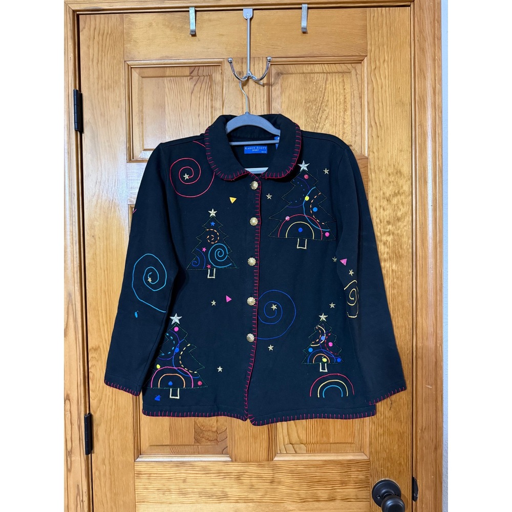 Vintage Karen Scott Sport Petite Black Christmas Tree Embroidered Jacket Women L